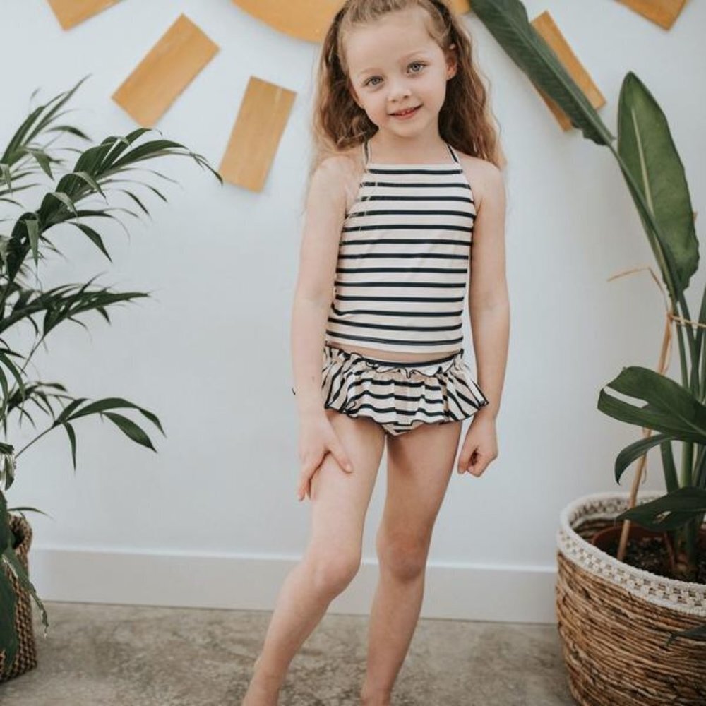 New Little & Lively baby's upf50+ swim top and ruffle bottoms bikini navy stripe